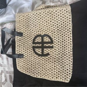 Annie Bing Elegant Cream Woven Tote with Black Accents